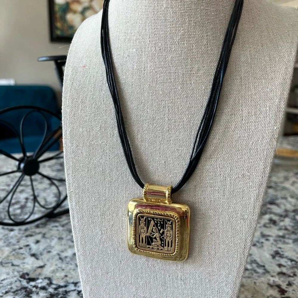 N288 Signed CHICO'S Gold EGYPTIAN Motif Square Pendant on 18" black rope group - Picture 4 of 6